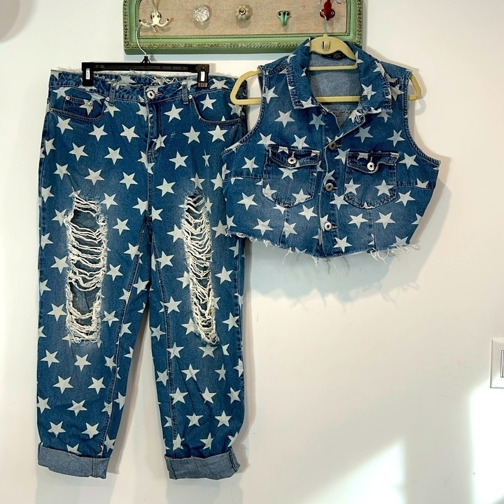 Vintage Ashley Stewart denim American star distressed plus size jeans & vest 14